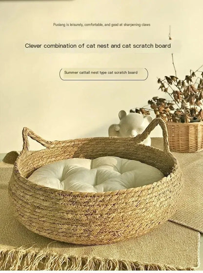 Natural Woven Cat Bed & Washable Heating Pad for All Seasons