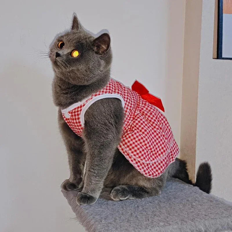 Striped Plaid Dress with Bow for Cats and Small Pets
