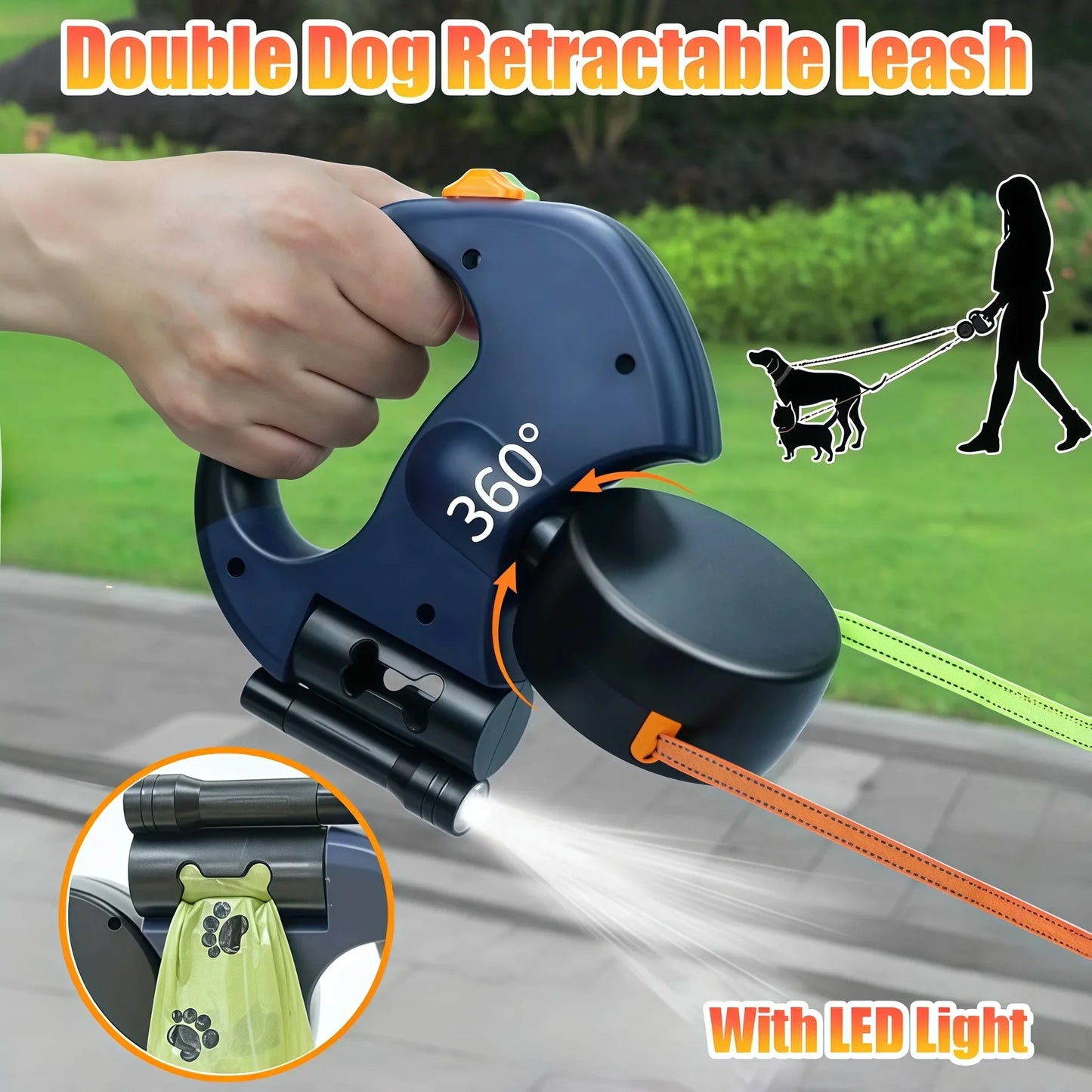 Reflective Retractable Double Dog Leash for Small Dogs