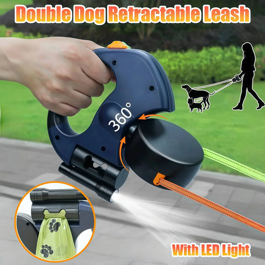 Reflective Retractable Double Dog Leash for Small Dogs