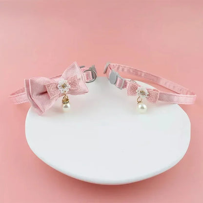 Pink Lace Bow Pet Collar with Beads and Bell for Cats and Dogs