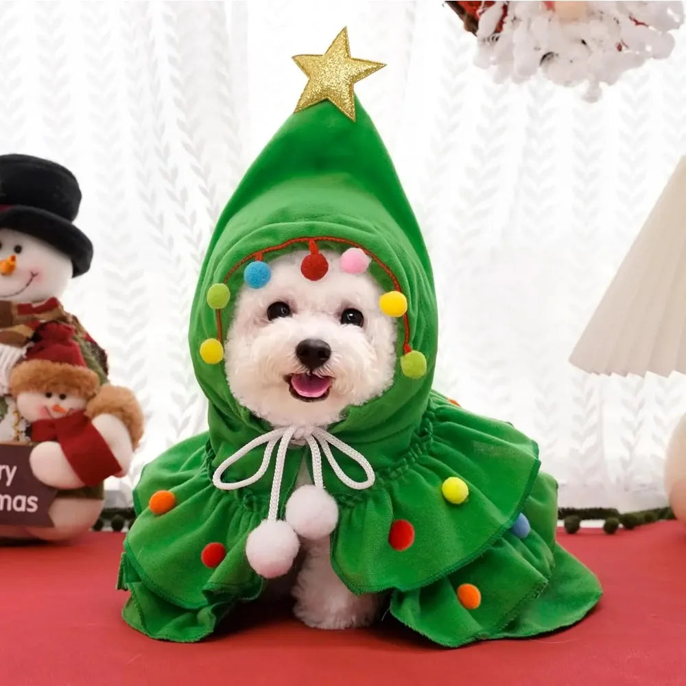 Green Pet Christmas Cloak with Hat and Pompoms for Dogs
