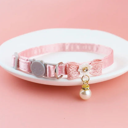 Pink Lace Bow Pet Collar with Beads and Bell for Cats and Dogs