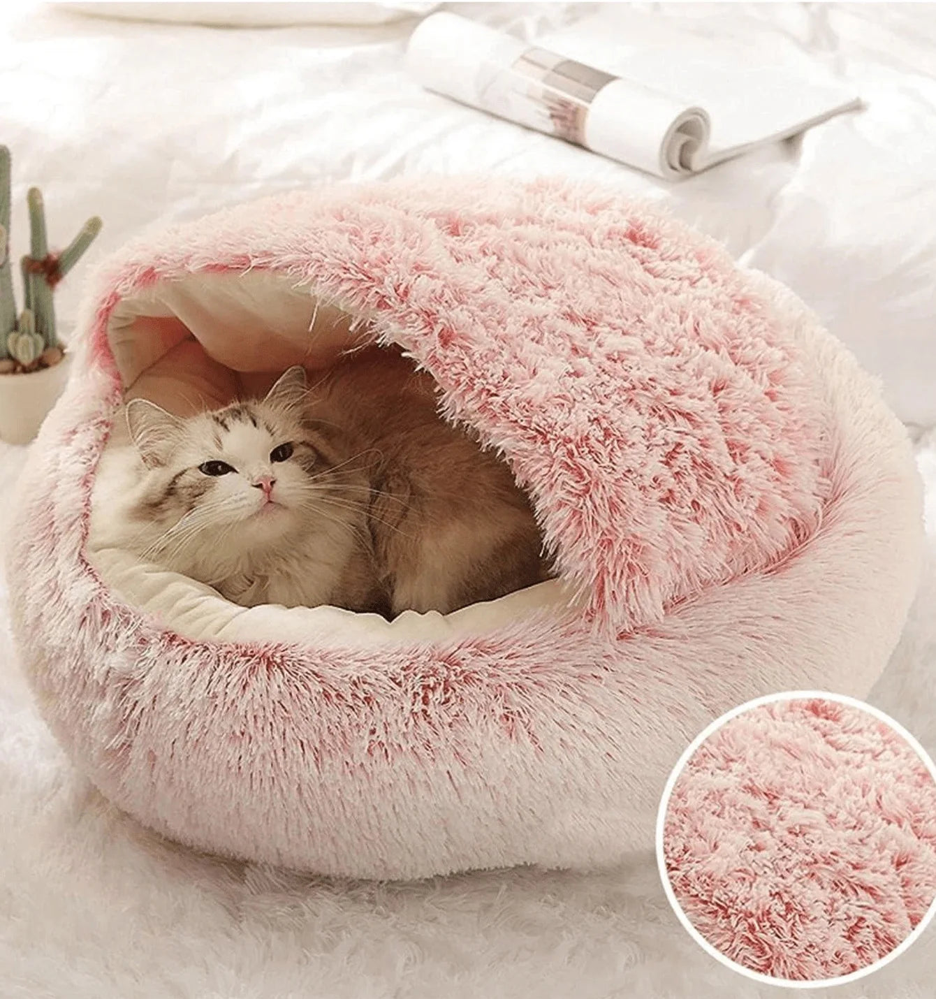 Fluffy Hooded Pet Bed for Cats and Small Dogs