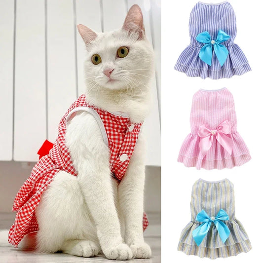 Striped Plaid Dress with Bow for Cats and Small Pets