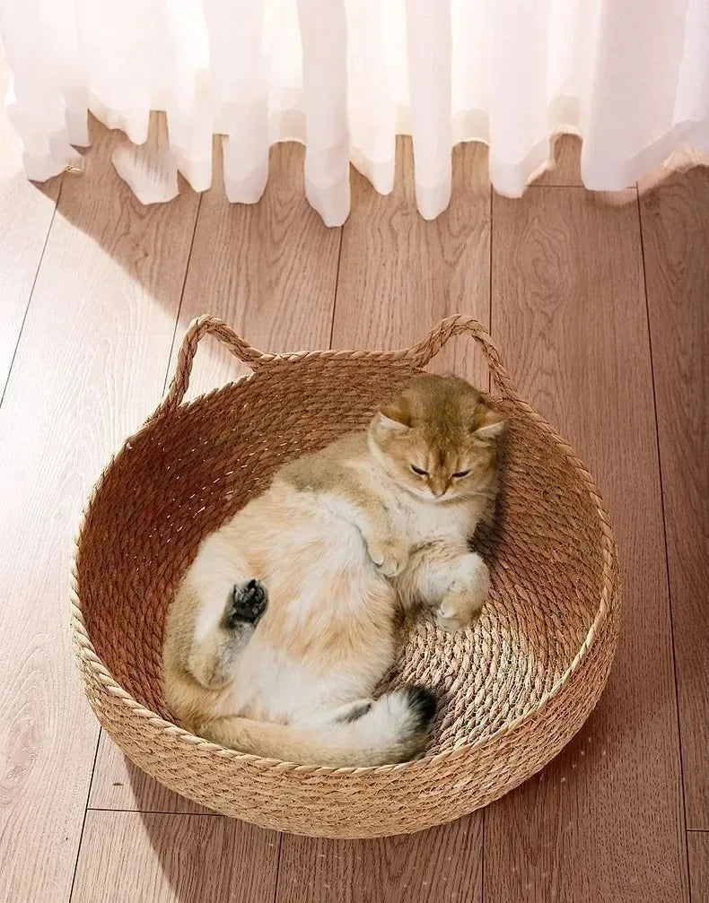 Natural Woven Cat Bed & Washable Heating Pad for All Seasons