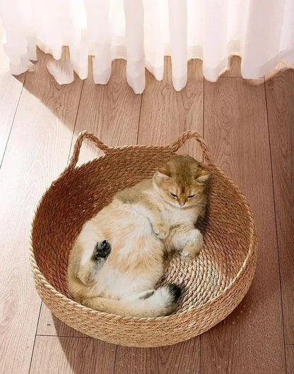 Natural Woven Cat Bed & Washable Heating Pad for All Seasons