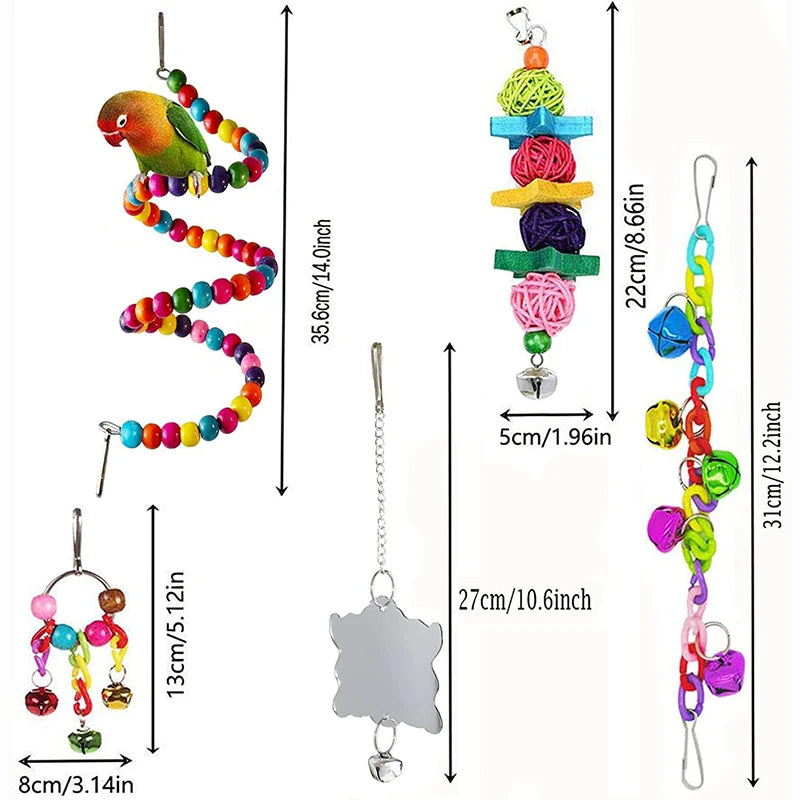 7-Piece Wooden Parrot Toy Set with Swings and Bells