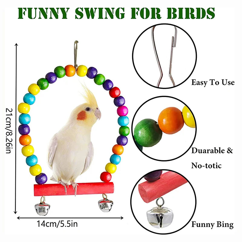 7-Piece Wooden Parrot Toy Set with Swings and Bells
