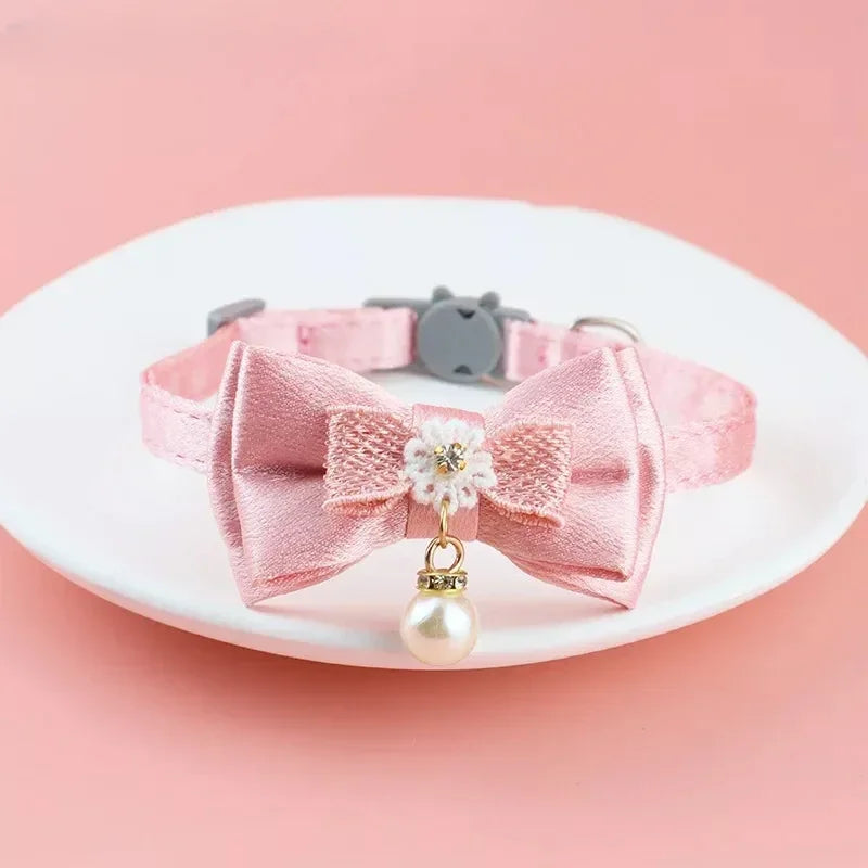 Pink Lace Bow Pet Collar with Beads and Bell for Cats and Dogs