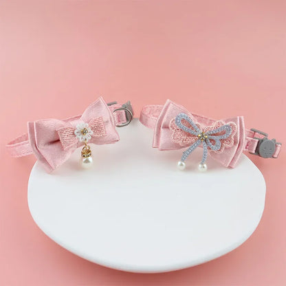 Pink Lace Bow Pet Collar with Beads and Bell for Cats and Dogs