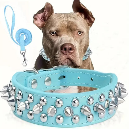Spiked Leather Dog Collar and Leash Set for Walking