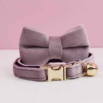 Personalized Velvet Cat Collar with Name Plate and Bow Tie