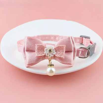 Pink Lace Bow Pet Collar with Beads and Bell for Cats and Dogs