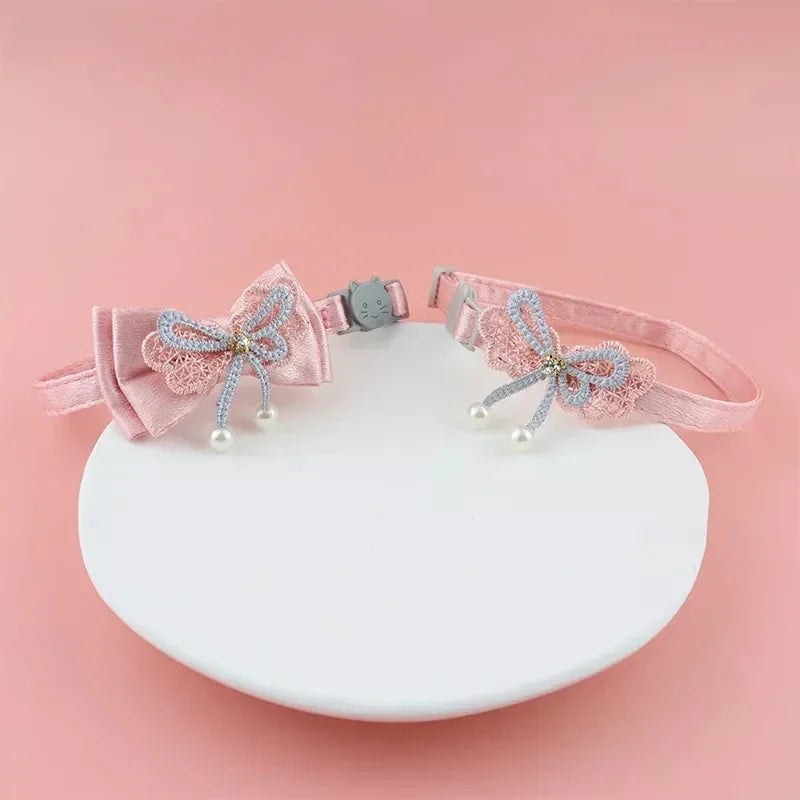 Pink Lace Bow Pet Collar with Beads and Bell for Cats and Dogs