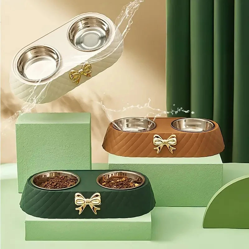 Double Dog and Cat Food and Water Bowl Set with Bowtie Design