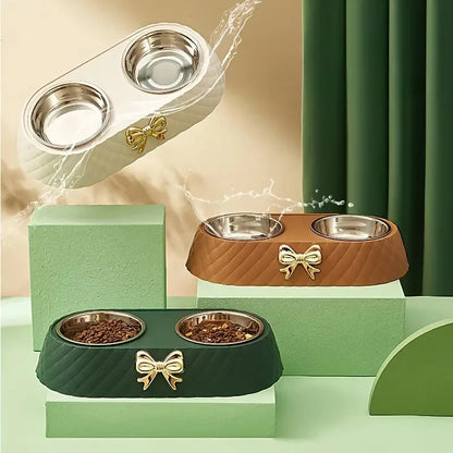 Double Dog and Cat Food and Water Bowl Set with Bowtie Design