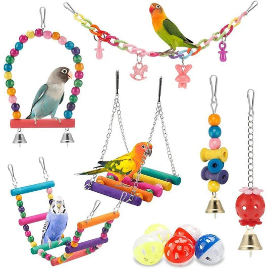 Chewable Wooden Parrot Swing and Toy Set - 11 Pieces