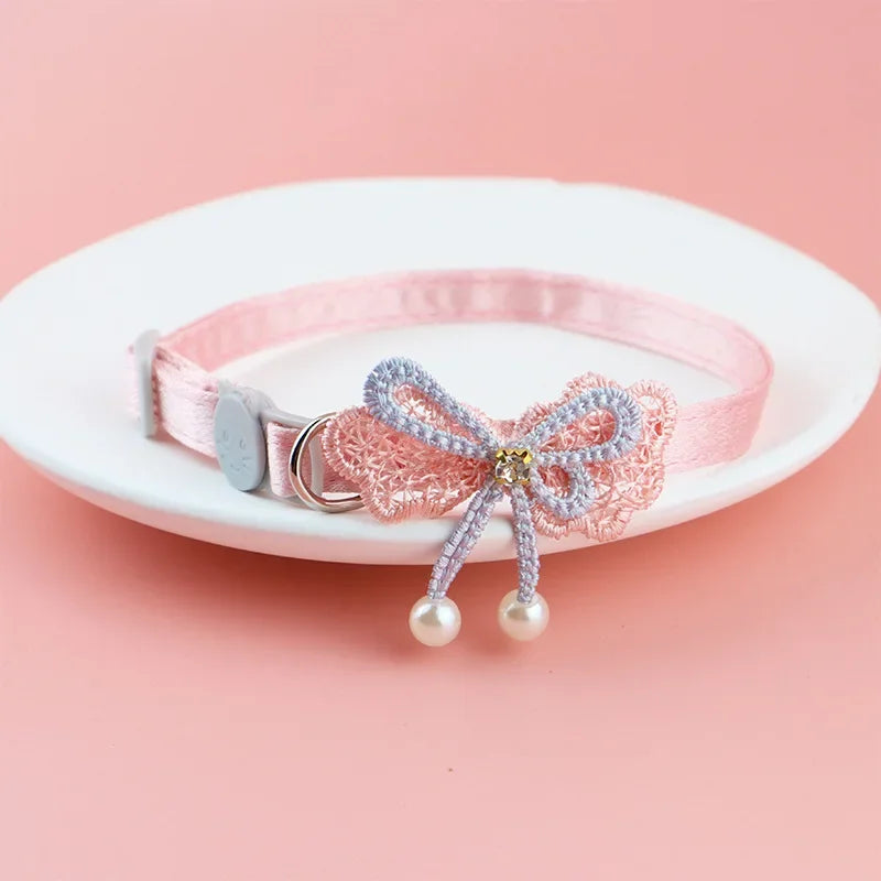 Pink Lace Bow Pet Collar with Beads and Bell for Cats and Dogs