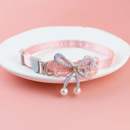 Pink Lace Bow Pet Collar with Beads and Bell for Cats and Dogs