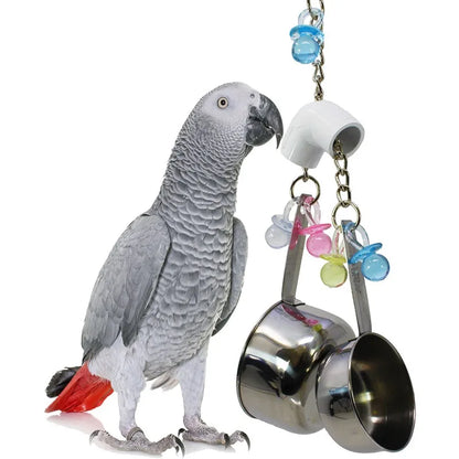 Stainless Steel Bird Toys with Chewable Acrylic Pots
