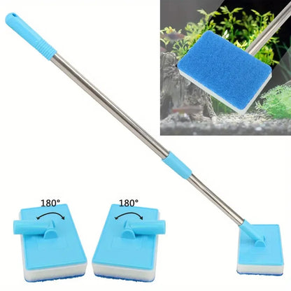 Telescopic 180° Aquarium Glass Cleaner with Double-Sided Sponge