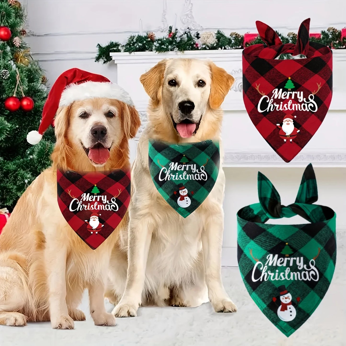 Santa & Snowman Holiday Dog Bandana - Adjustable Polyester