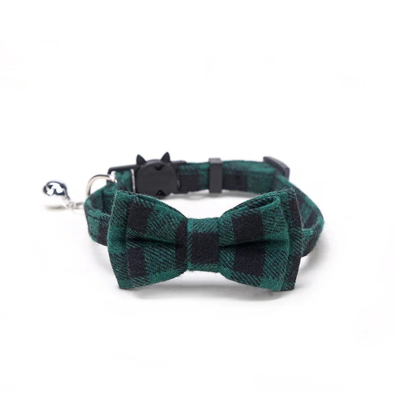 Plaid Christmas Cat Collar with Bow Tie and Bell