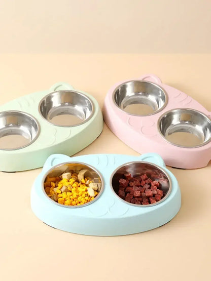 Cute Double Bowl Feeder for Cats and Dogs - Plastic Tray