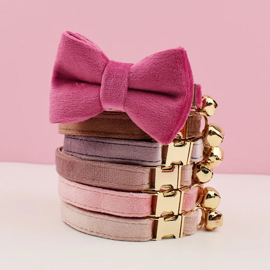 Personalized Velvet Cat Collar with Name Plate and Bow Tie