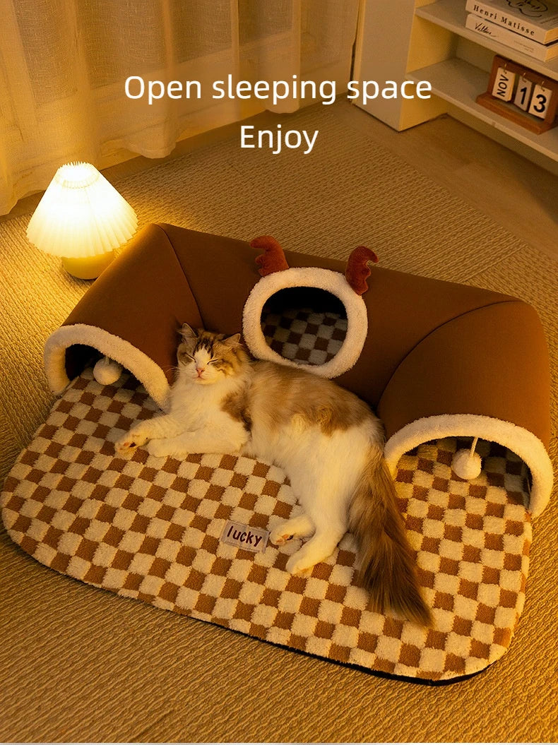 Reindeer-Themed Cat Tunnel Hideaway and Plush Bed