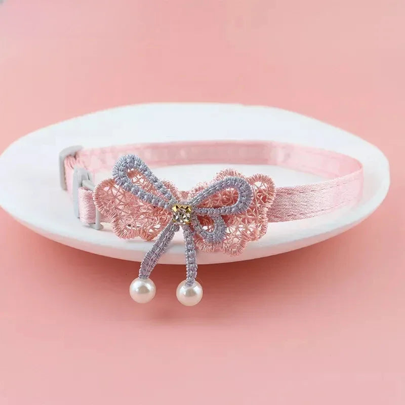 Pink Lace Bow Pet Collar with Beads and Bell for Cats and Dogs