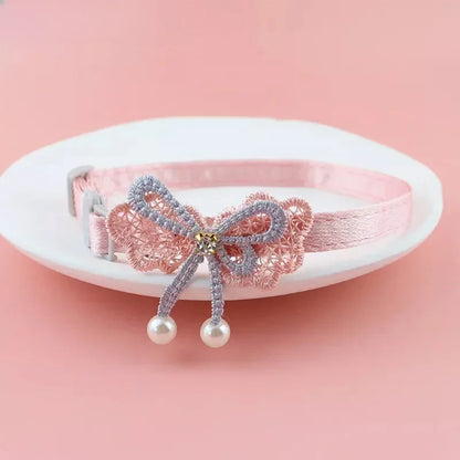 Pink Lace Bow Pet Collar with Beads and Bell for Cats and Dogs