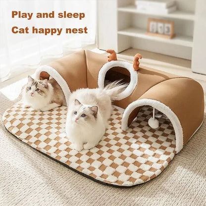 Reindeer-Themed Cat Tunnel Hideaway and Plush Bed