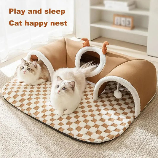 Reindeer-Themed Cat Tunnel Hideaway and Plush Bed
