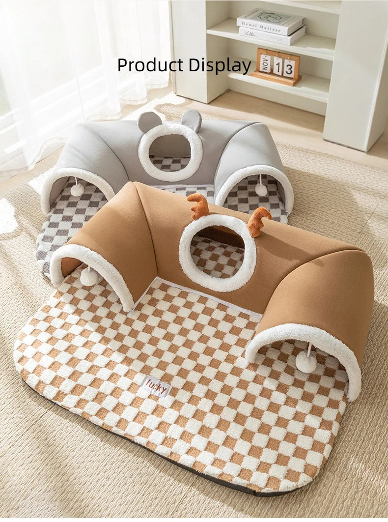 Reindeer-Themed Cat Tunnel Hideaway and Plush Bed