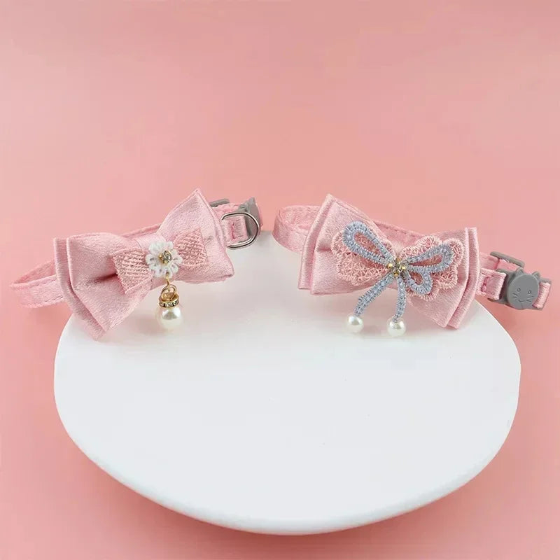 Pink Lace Bow Pet Collar with Beads and Bell for Cats and Dogs