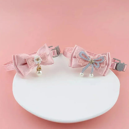 Pink Lace Bow Pet Collar with Beads and Bell for Cats and Dogs