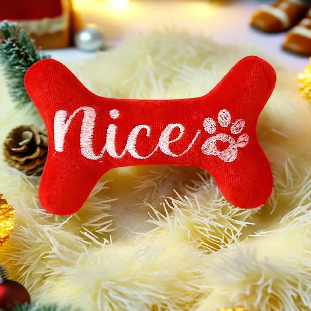 Christmas Plush Bone Chew Toy with Squeaker for Dogs