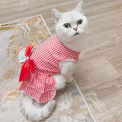 Striped Plaid Dress with Bow for Cats and Small Pets