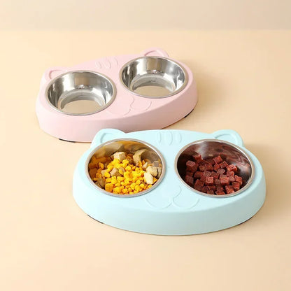 Cute Double Bowl Feeder for Cats and Dogs - Plastic Tray