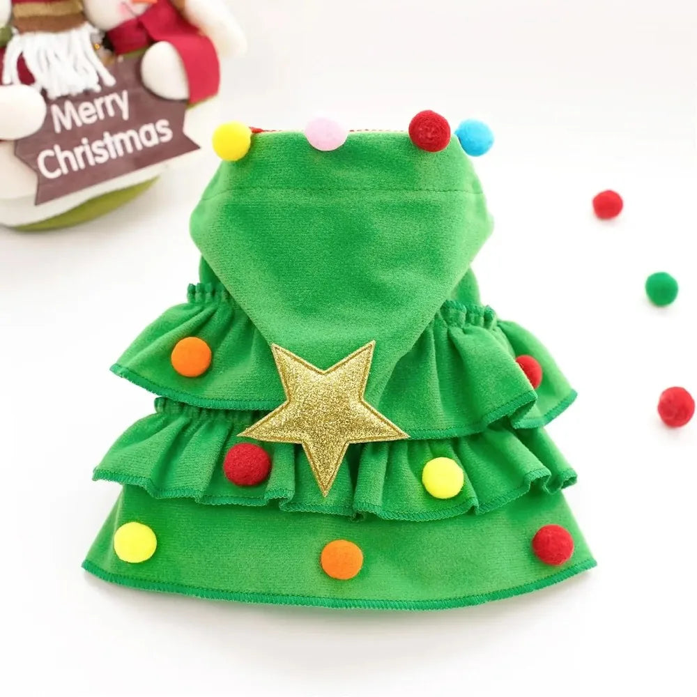 Green Pet Christmas Cloak with Hat and Pompoms for Dogs