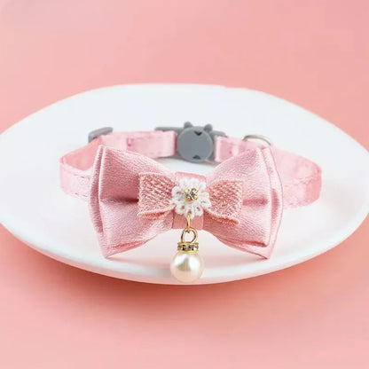 Pink Lace Bow Pet Collar with Beads and Bell for Cats and Dogs