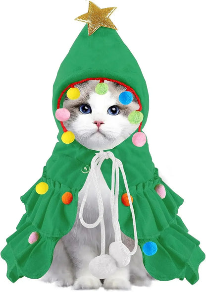 Green Pet Christmas Cloak with Hat and Pompoms for Dogs