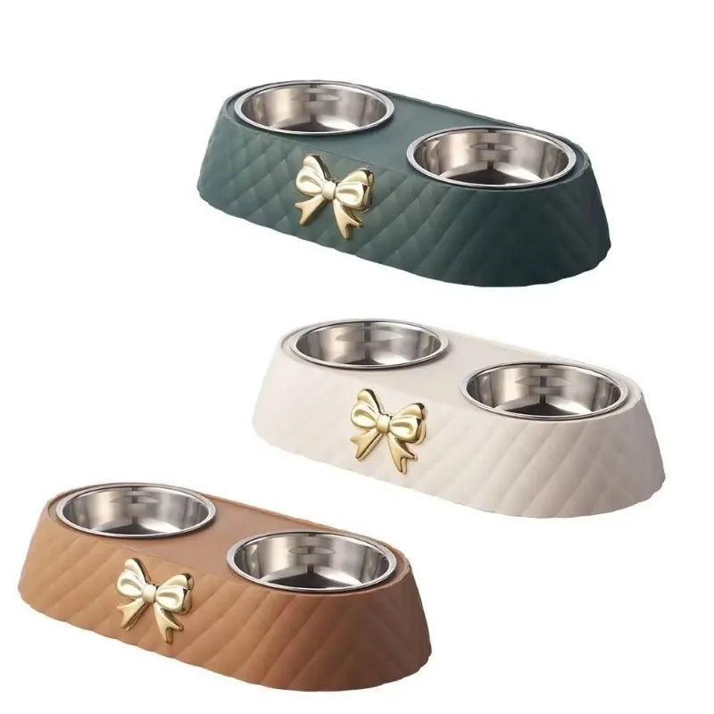 Double Dog and Cat Food and Water Bowl Set with Bowtie Design