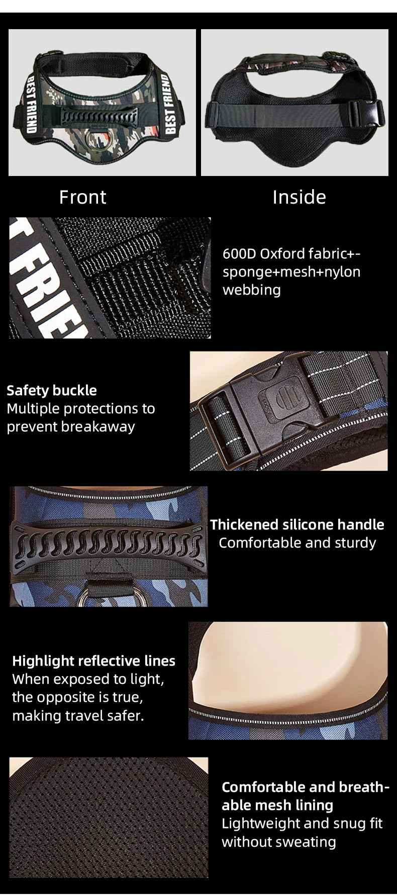 Service Dog Harness Vest with Reflective Patches for Medium Large Dogs