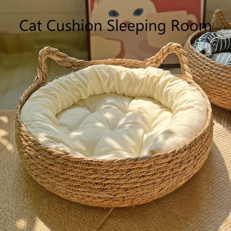 Natural Woven Cat Bed & Washable Heating Pad for All Seasons