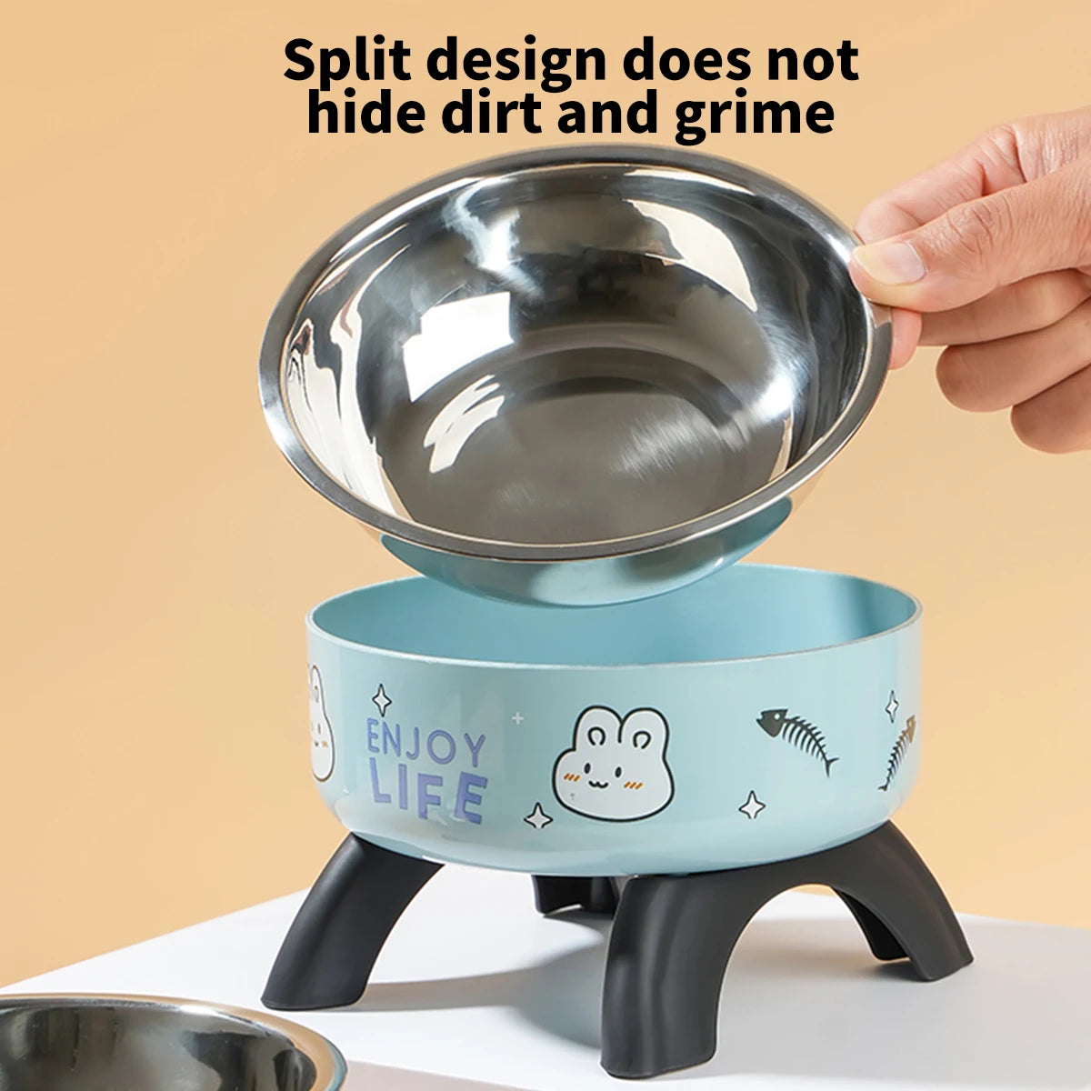 High-Legged Cartoon Pet Bowl, Stainless Steel, Large Capacity
