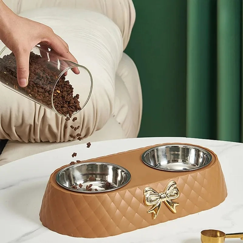 Double Dog and Cat Food and Water Bowl Set with Bowtie Design