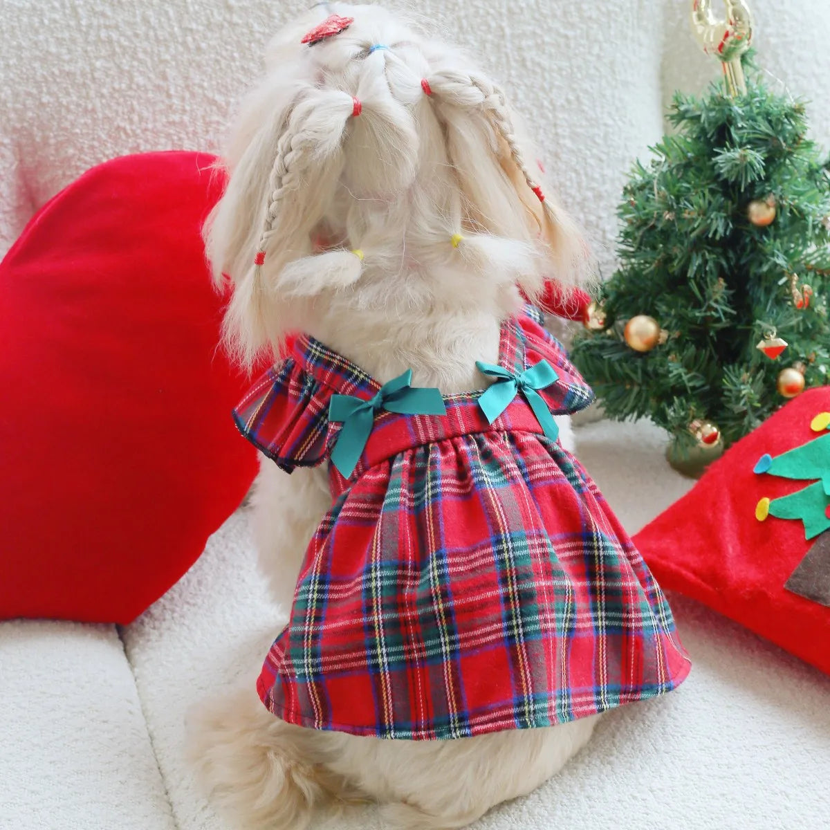Red Plaid Dress with Bow Accents for Kids' Holiday Parties